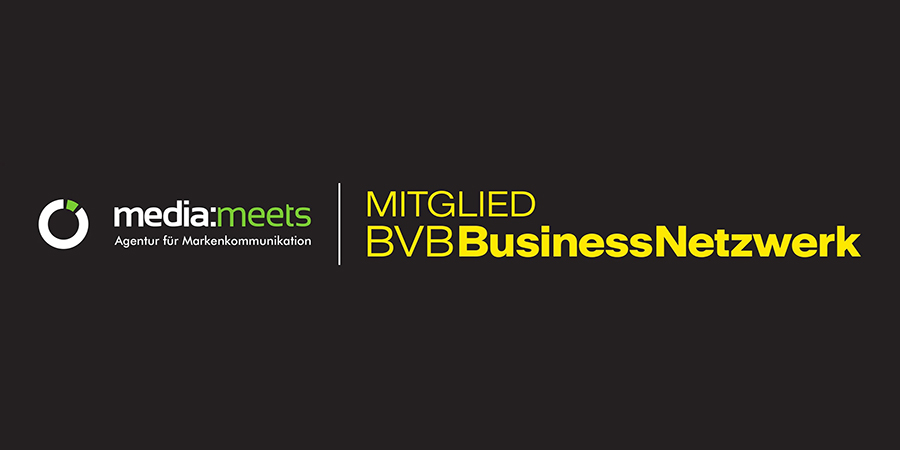 Das Logo der media:meets Agentur für Markenkommunikation mit dem Hinweis auf die Mitgliedschaft im BVBBusinessNetzwerk, dargestellt auf schwarzem Hintergrund.